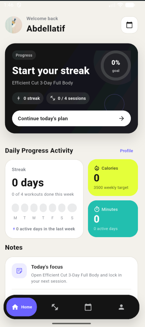 Trainerrr home screen showing a workout plan and weekly activity