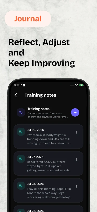 Journal: reflect, adjust, and keep improving, shown with recent training notes