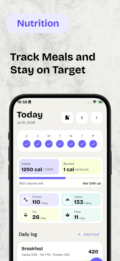 Nutrition: track meals and stay on target, shown with daily calories and macros