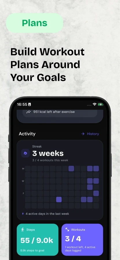 Plans: build workout plans around your goals, shown with weekly activity and workout targets