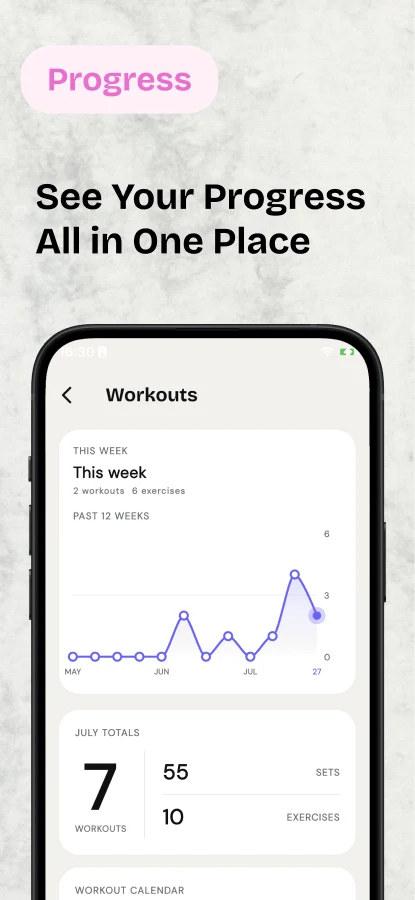 Progress: see your progress all in one place, shown with workout trends and monthly totals