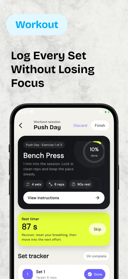 Workout: log every set without losing focus, shown with an active Push Day session
