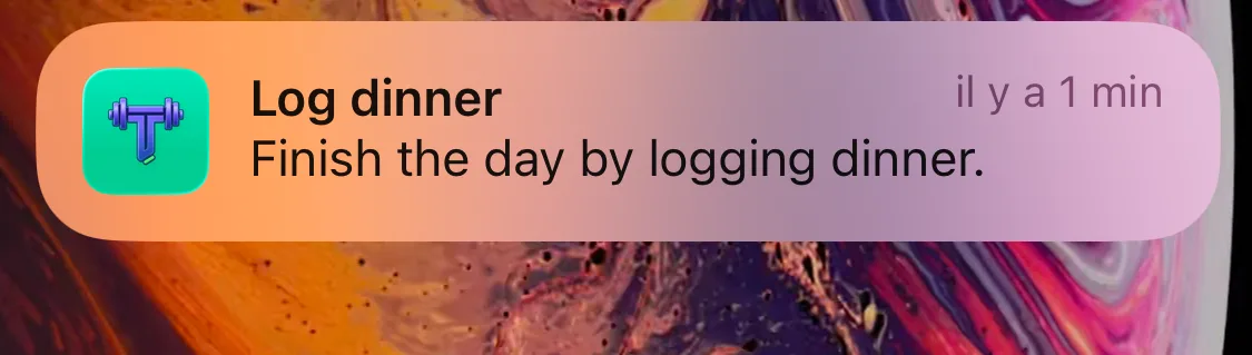 Trainerrr notification reminding the user to log dinner