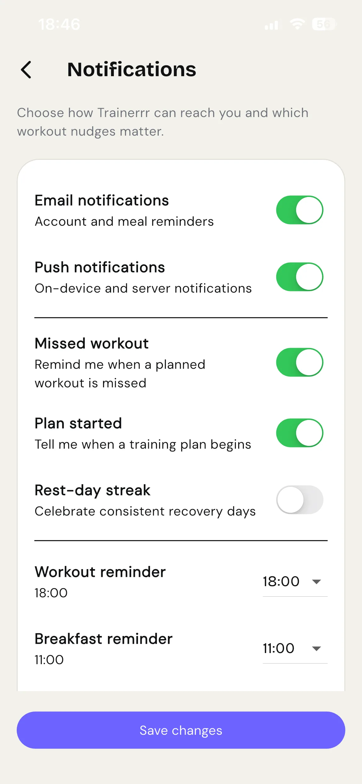 Trainerrr notification settings with individual controls for workout and meal reminders