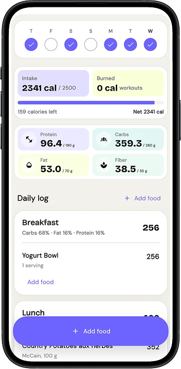Trainerrr nutrition dashboard showing calories consumed, calories remaining, and protein, carbohydrate, fat, and fiber totals