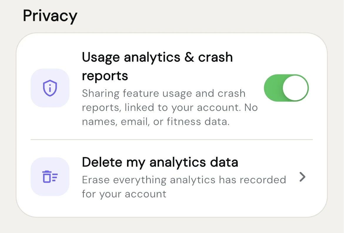 Trainerrr privacy settings with an analytics toggle and a control to delete analytics data