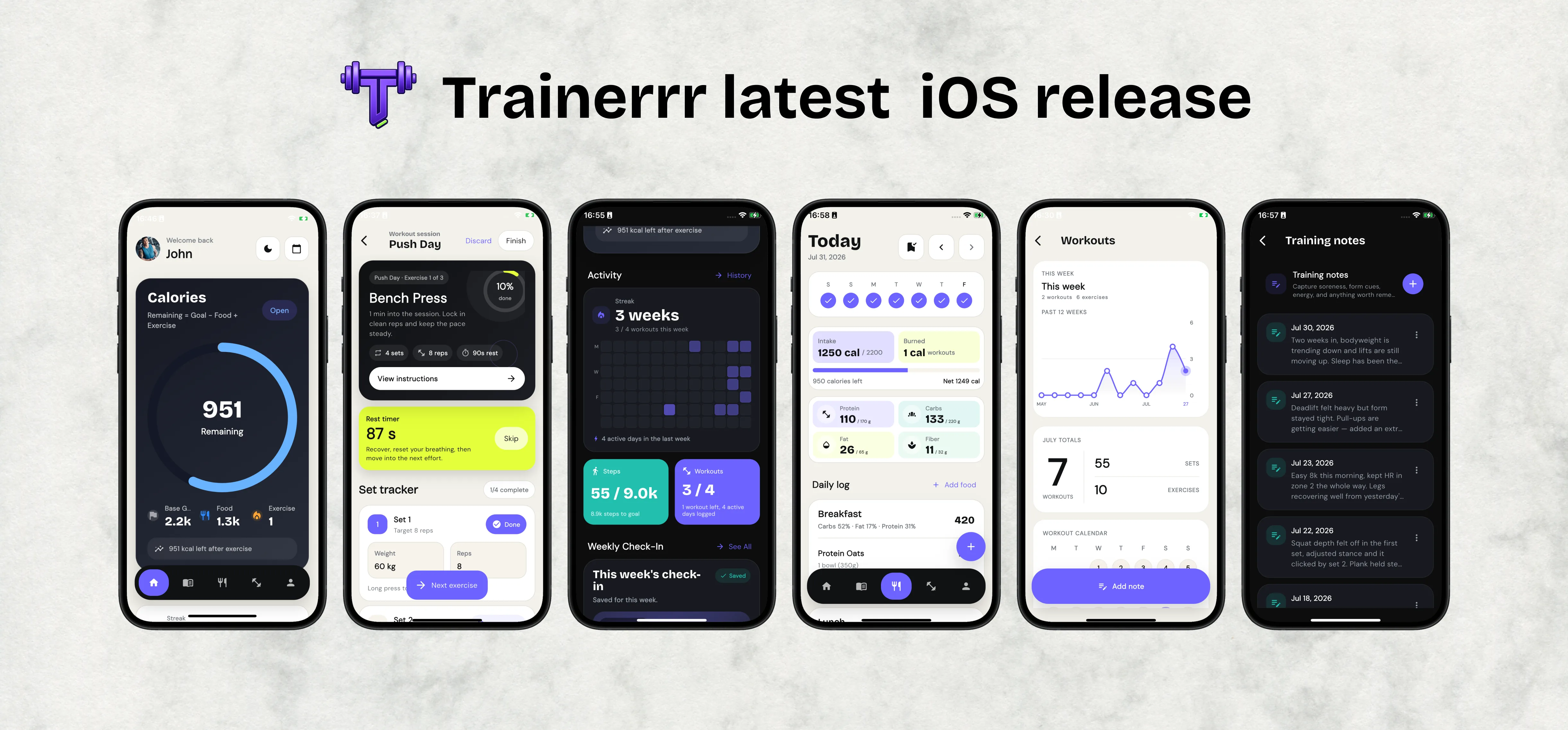 Six Trainerrr screens showing calorie tracking, an active bench press workout, weekly activity, daily nutrition, workout history, and training notes