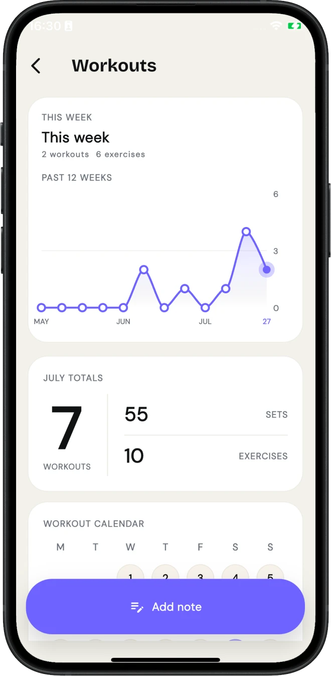 Trainerrr workout progress screen showing workout trends and monthly totals